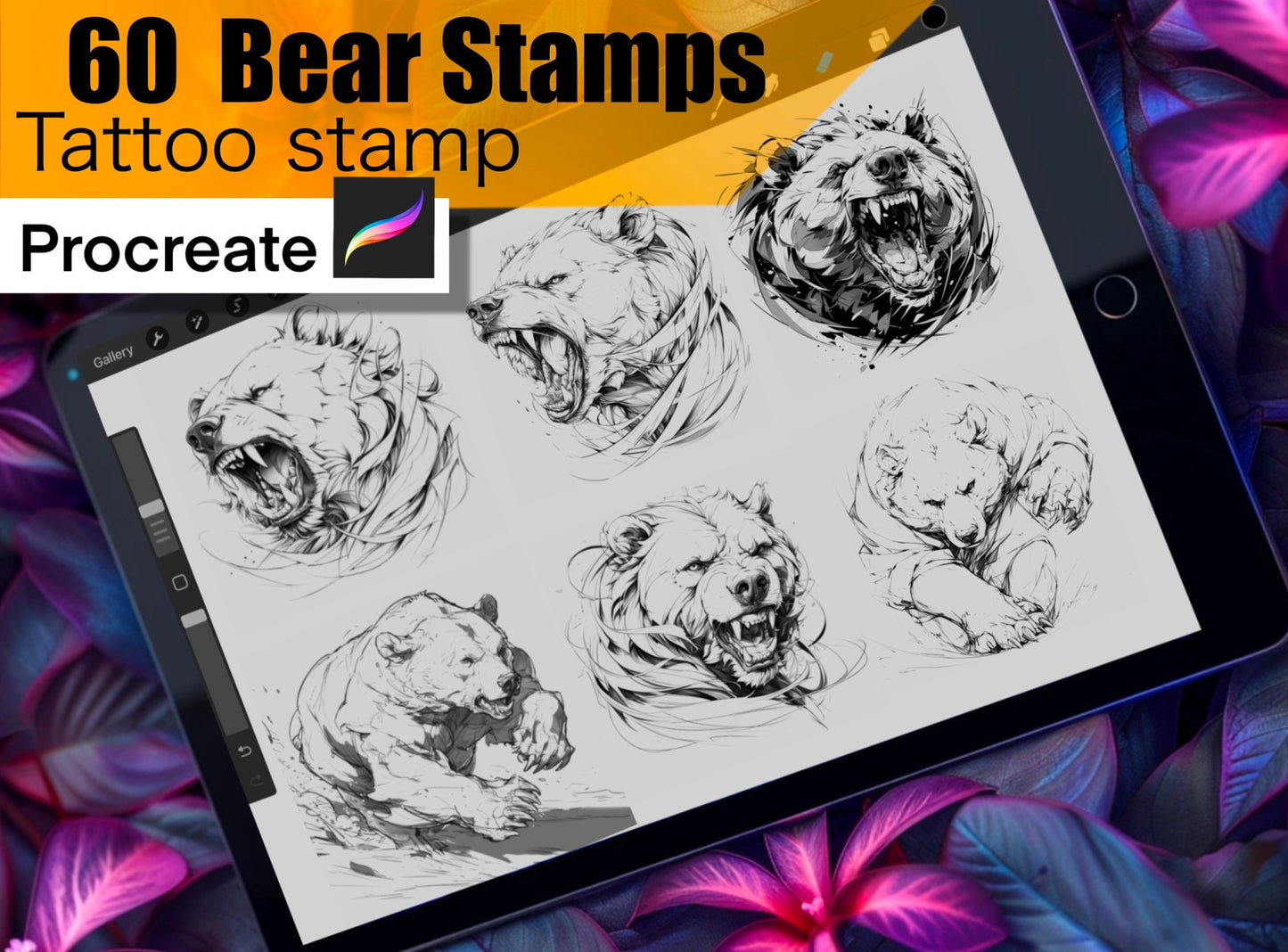 60 Bears Stamps for procreate! THE BEST !! Must have for tattooers easy to stencil