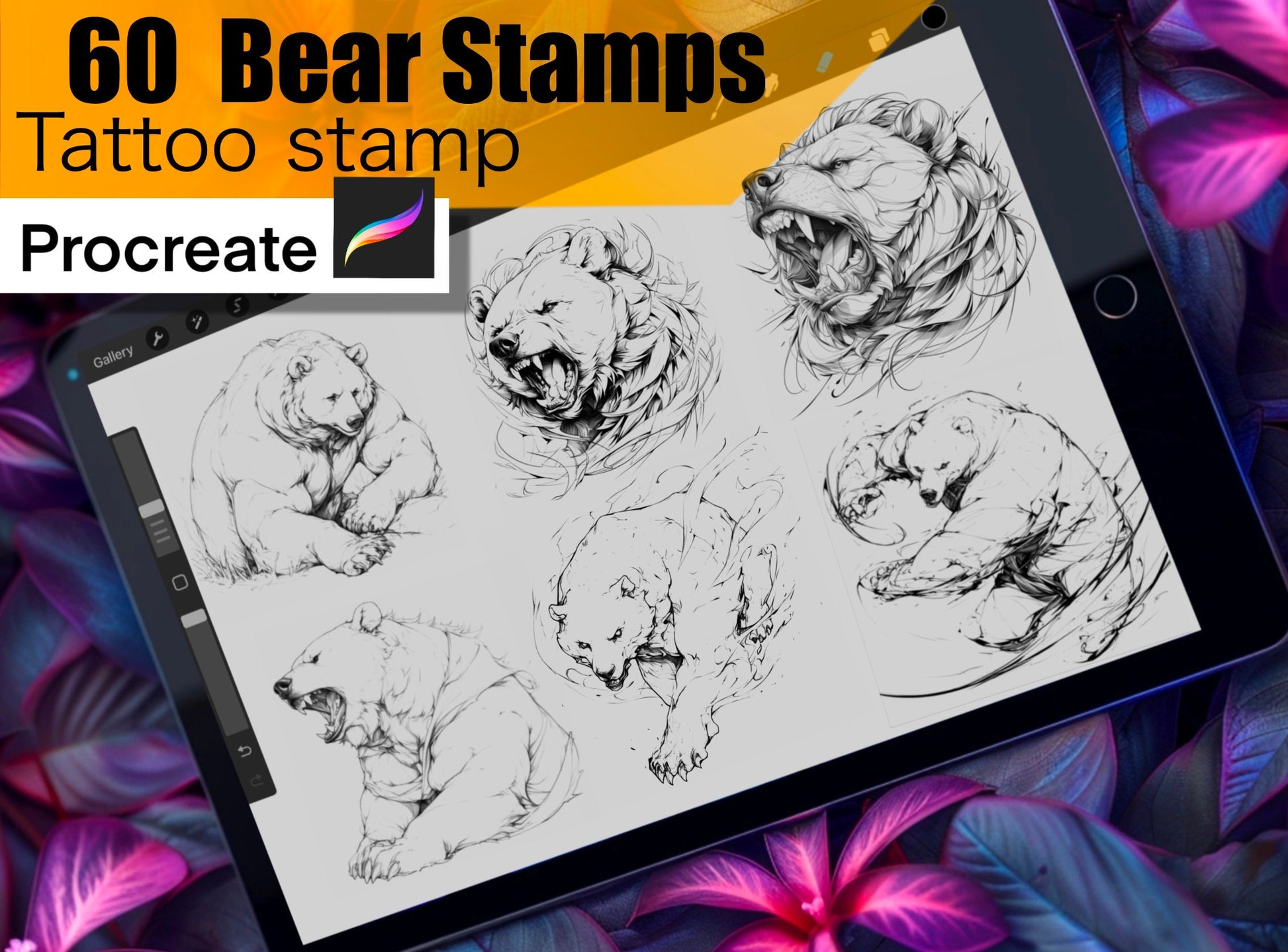 60 Bears Stamps for procreate! THE BEST !! Must have for tattooers easy to stencil