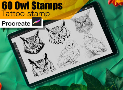 60 Owl Stamps for procreate! THE BEST !! Must have for tattooers easy to stencil