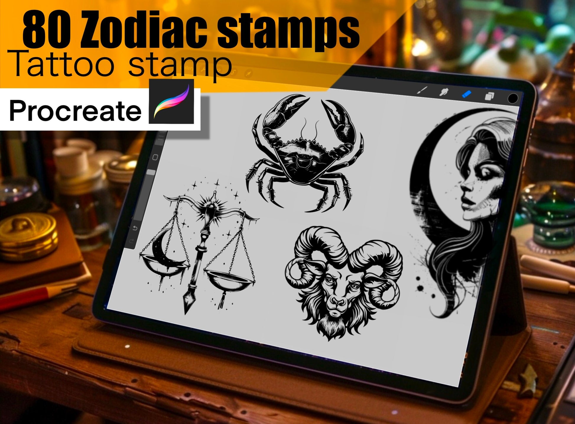 80 Zodiac Stamps for procreate !! Must have for tattooers easy to stencil