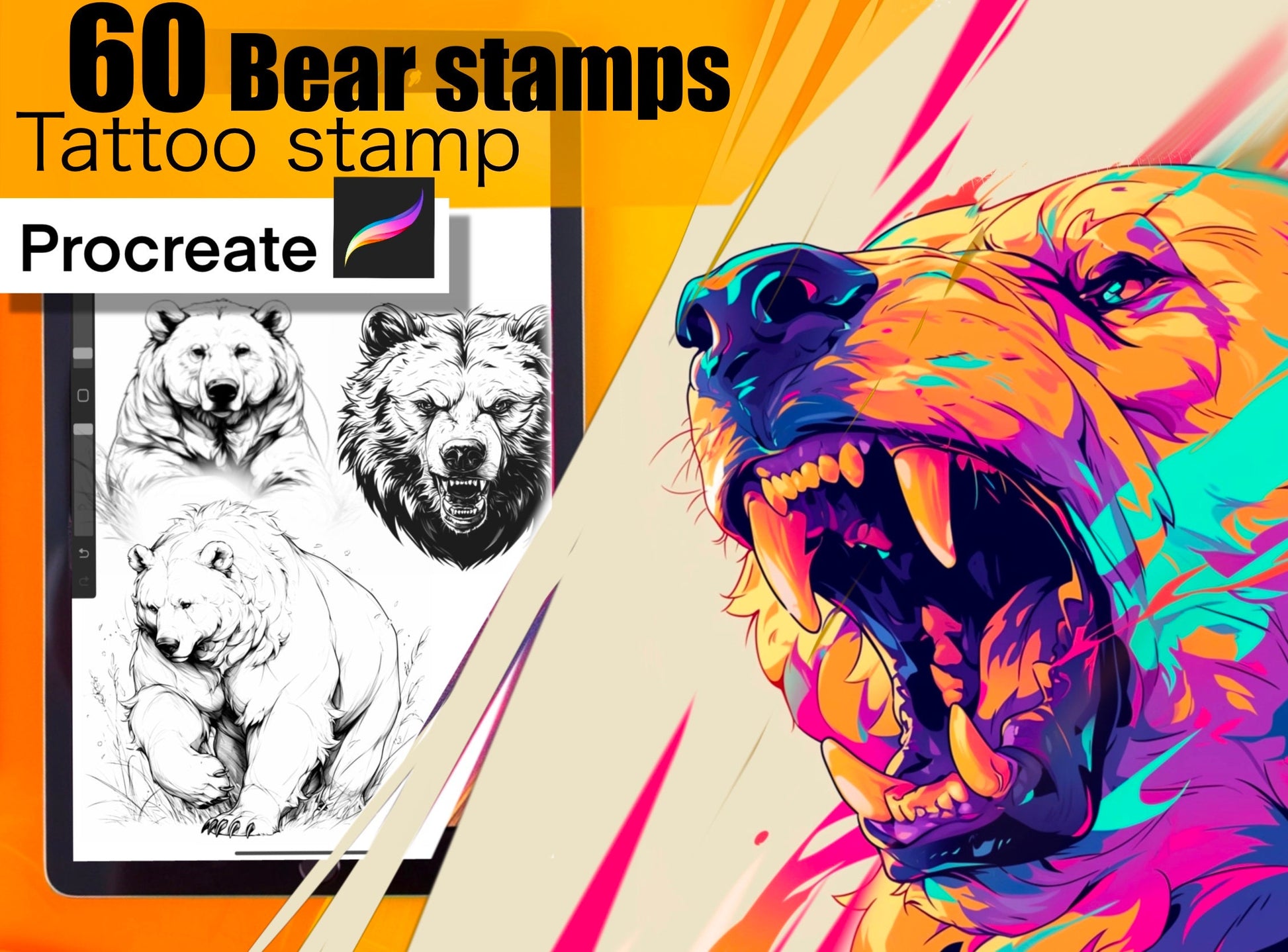 60 Bears Stamps for procreate! THE BEST !! Must have for tattooers easy to stencil