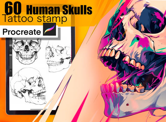 60 Human Skulls Stamps for procreate! THE BEST !! Must have for tattooers easy to stencil