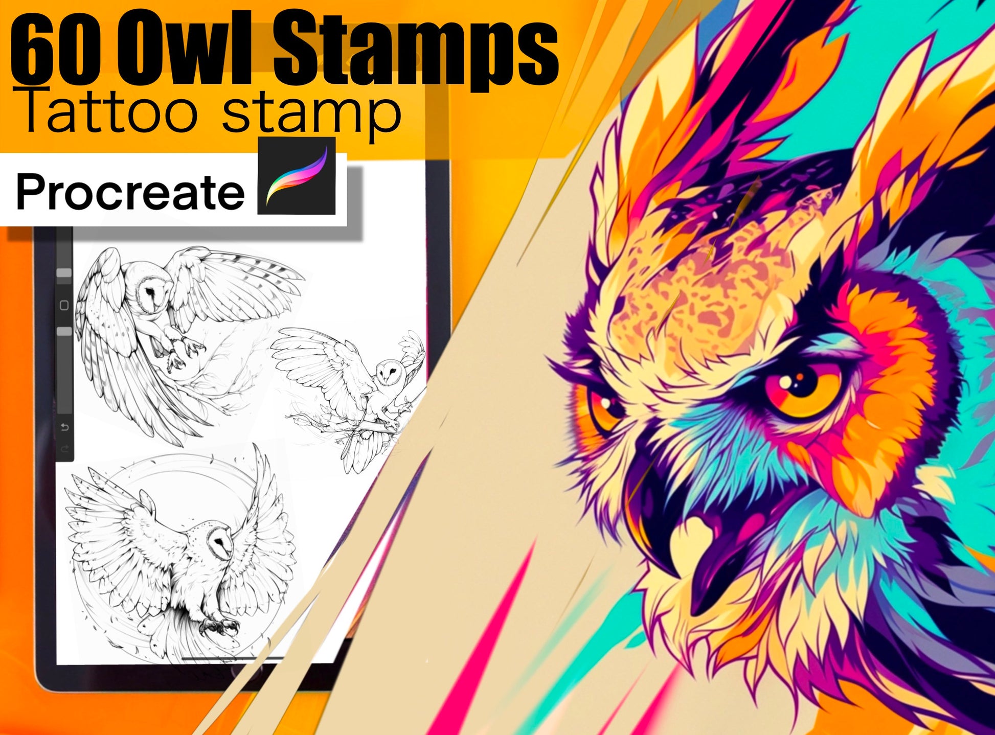 60 Owl Stamps for procreate! THE BEST !! Must have for tattooers easy to stencil