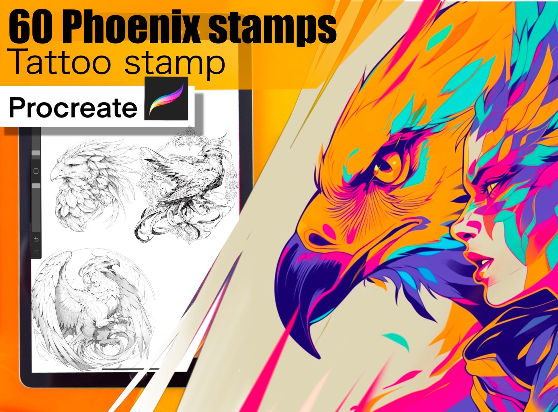 60 Phoenix Stamps for procreate! THE BEST !! Must have for tattooers easy to stencil