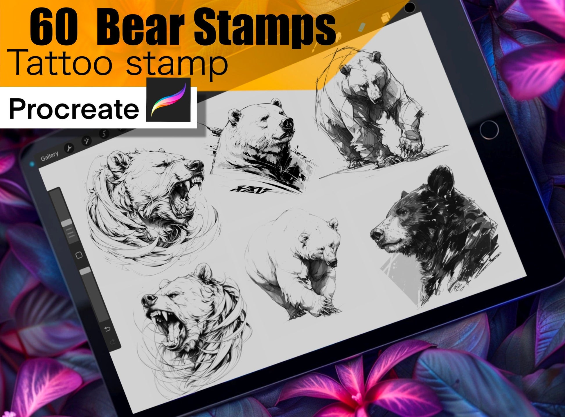 60 Bears Stamps for procreate! THE BEST !! Must have for tattooers easy to stencil