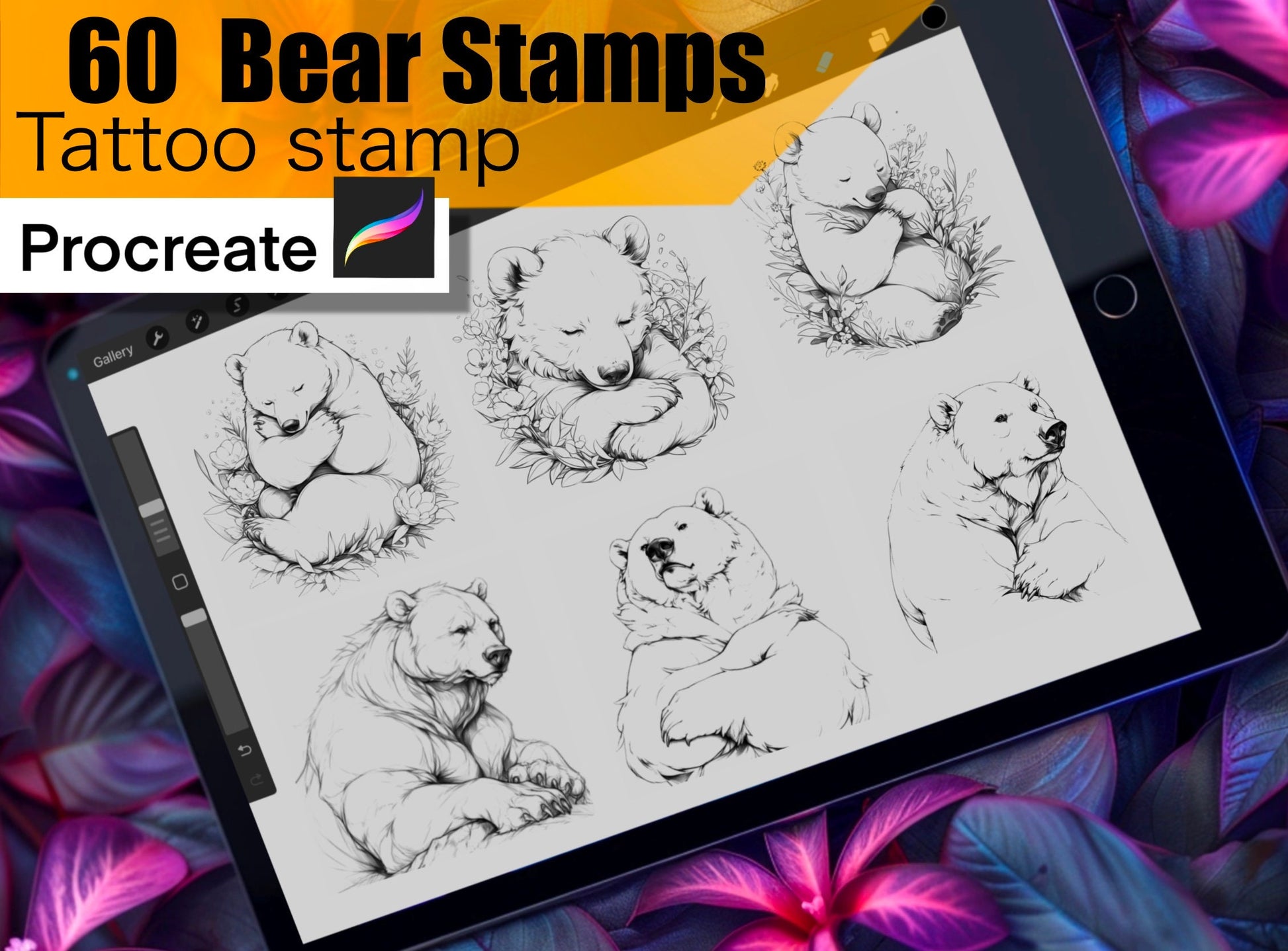 60 Bears Stamps for procreate! THE BEST !! Must have for tattooers easy to stencil