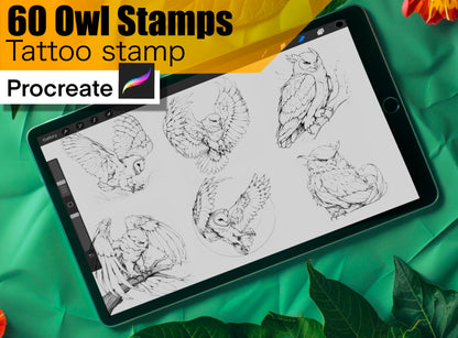 60 Owl Stamps for procreate! THE BEST !! Must have for tattooers easy to stencil