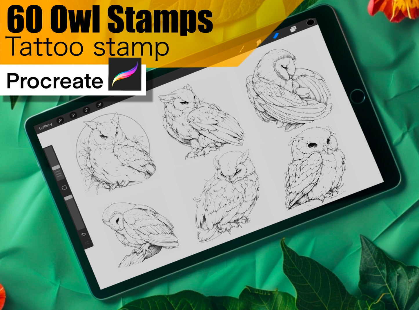 60 Owl Stamps for procreate! THE BEST !! Must have for tattooers easy to stencil