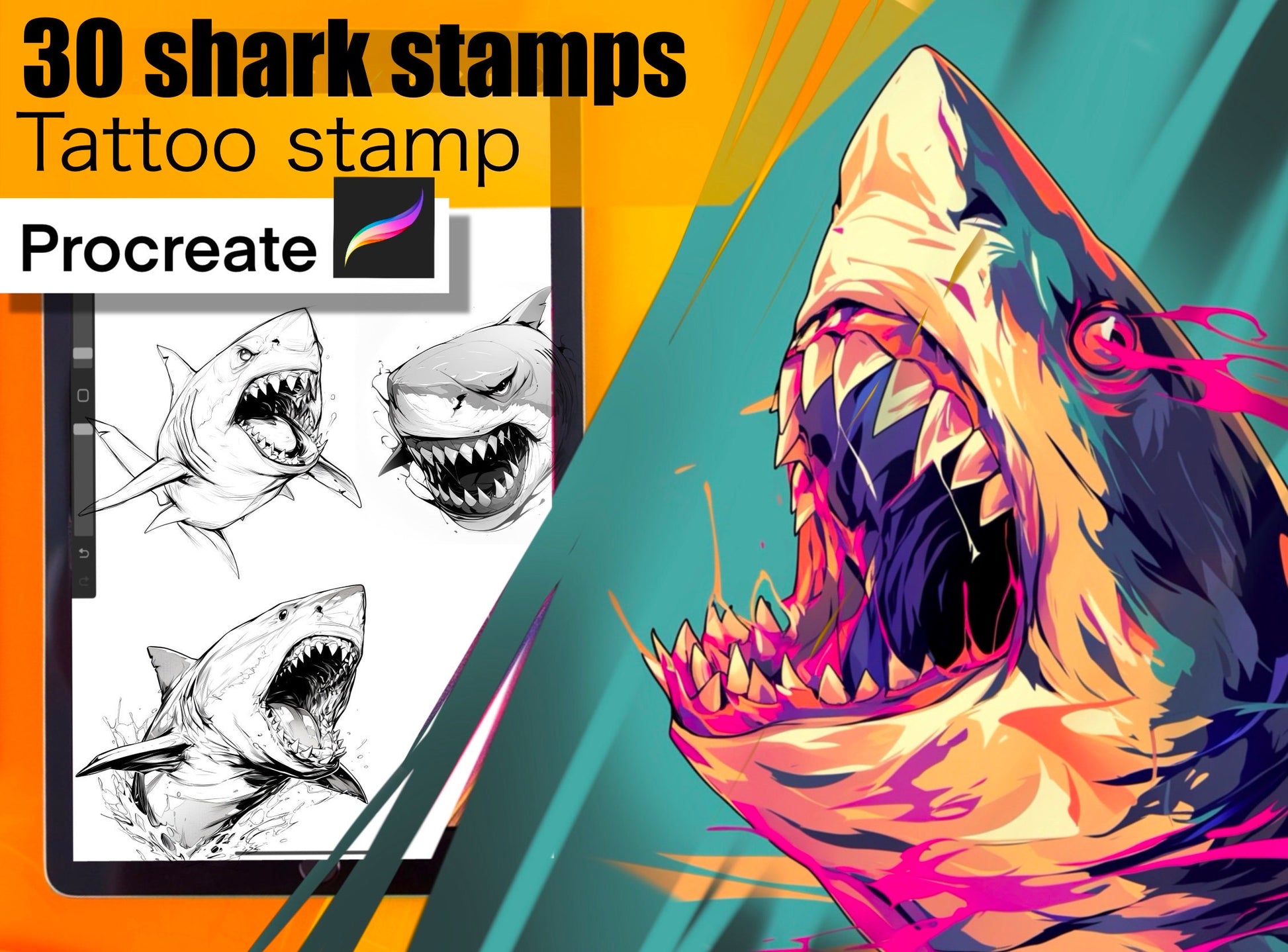 30 Sharks Stamps for procreate! THE BEST !! Must have for tattooers easy to stencil