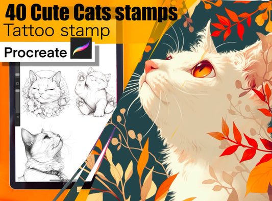 40 Cute Cats Stamps for procreate! THE BEST !! Must have for tattooers easy to stencil