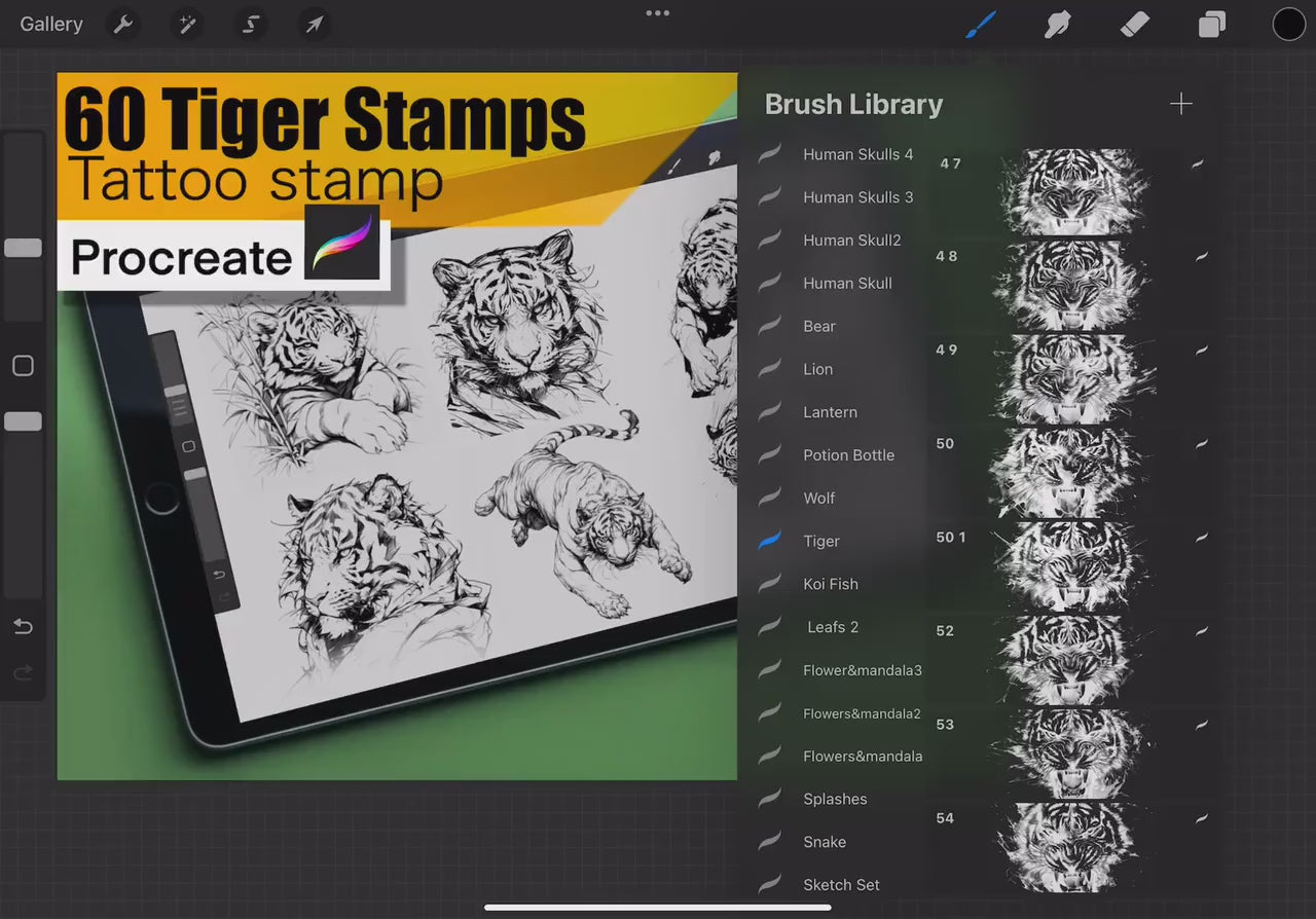 60 Tiger Stamps for procreate !! Must have for tattooers easy to stencil