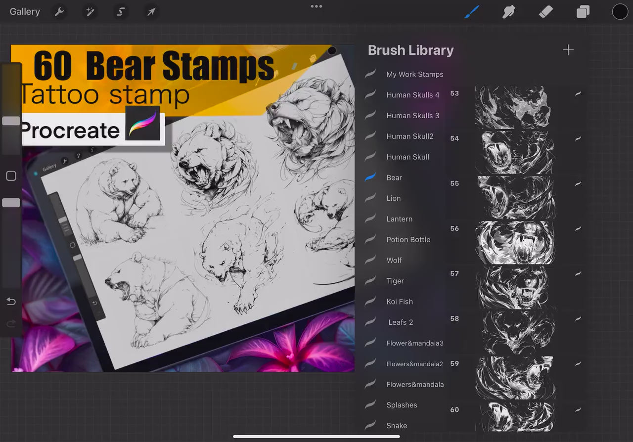 60 Bears Stamps for procreate! THE BEST !! Must have for tattooers easy to stencil